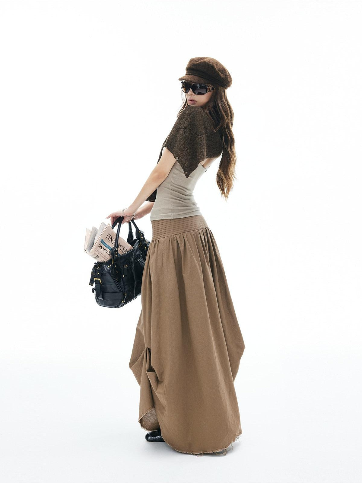 iamxiaa Frayed Panel Pleat Wide Waistband Asymmetric Women&
