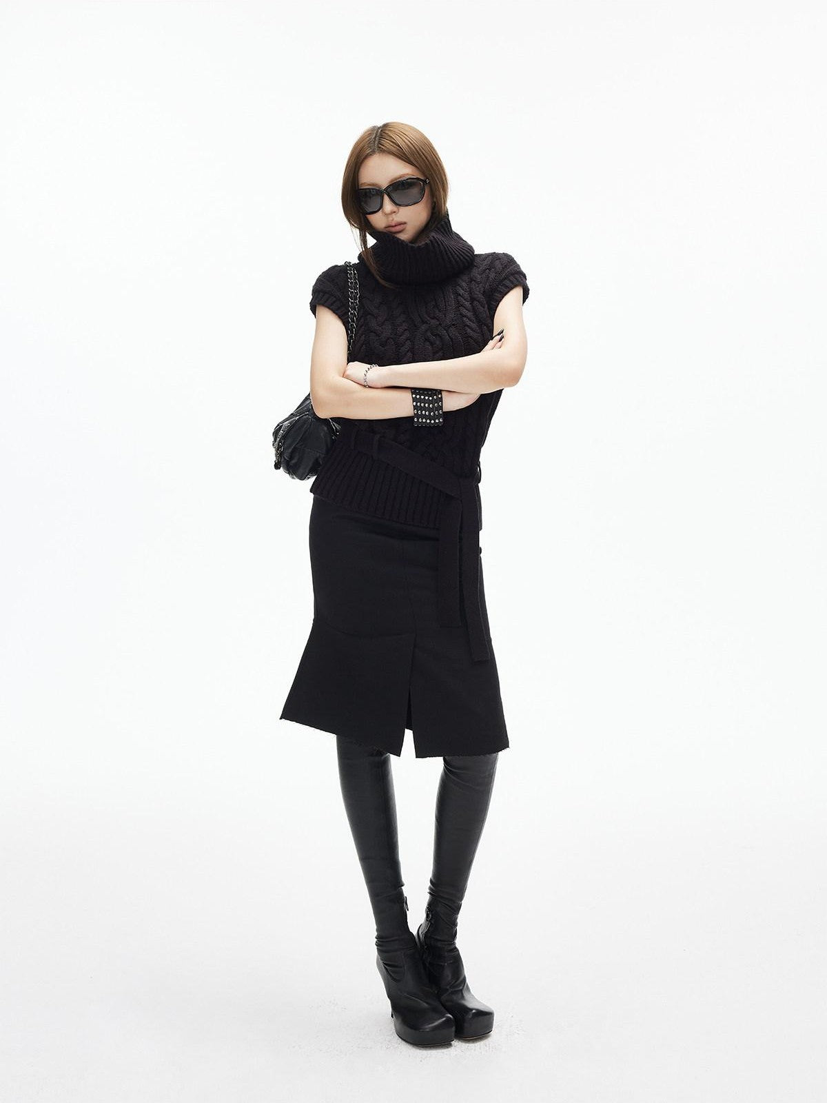 iamxiaa Front Slit Panel Asymmetric Hem Slimming Women&
