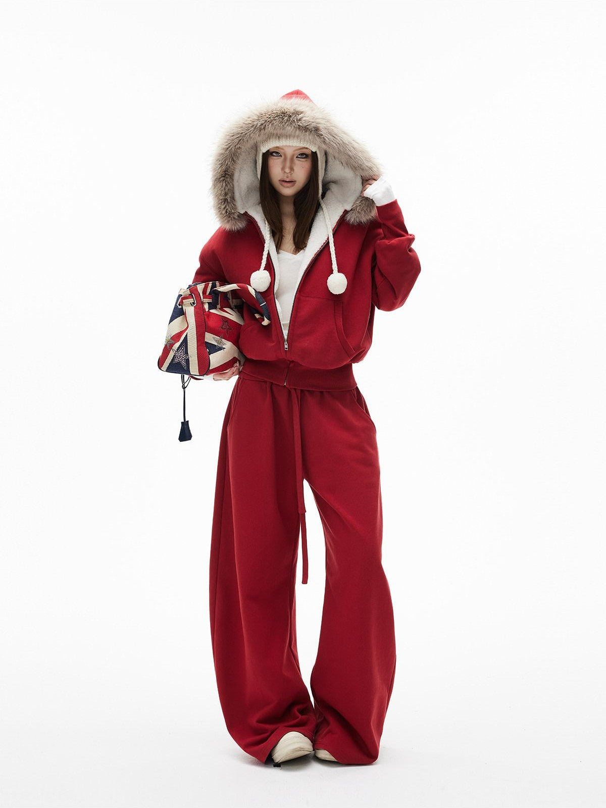 iamxiaa Garment Dyed Lava Red Hooded Eco Fur Fleece Women&