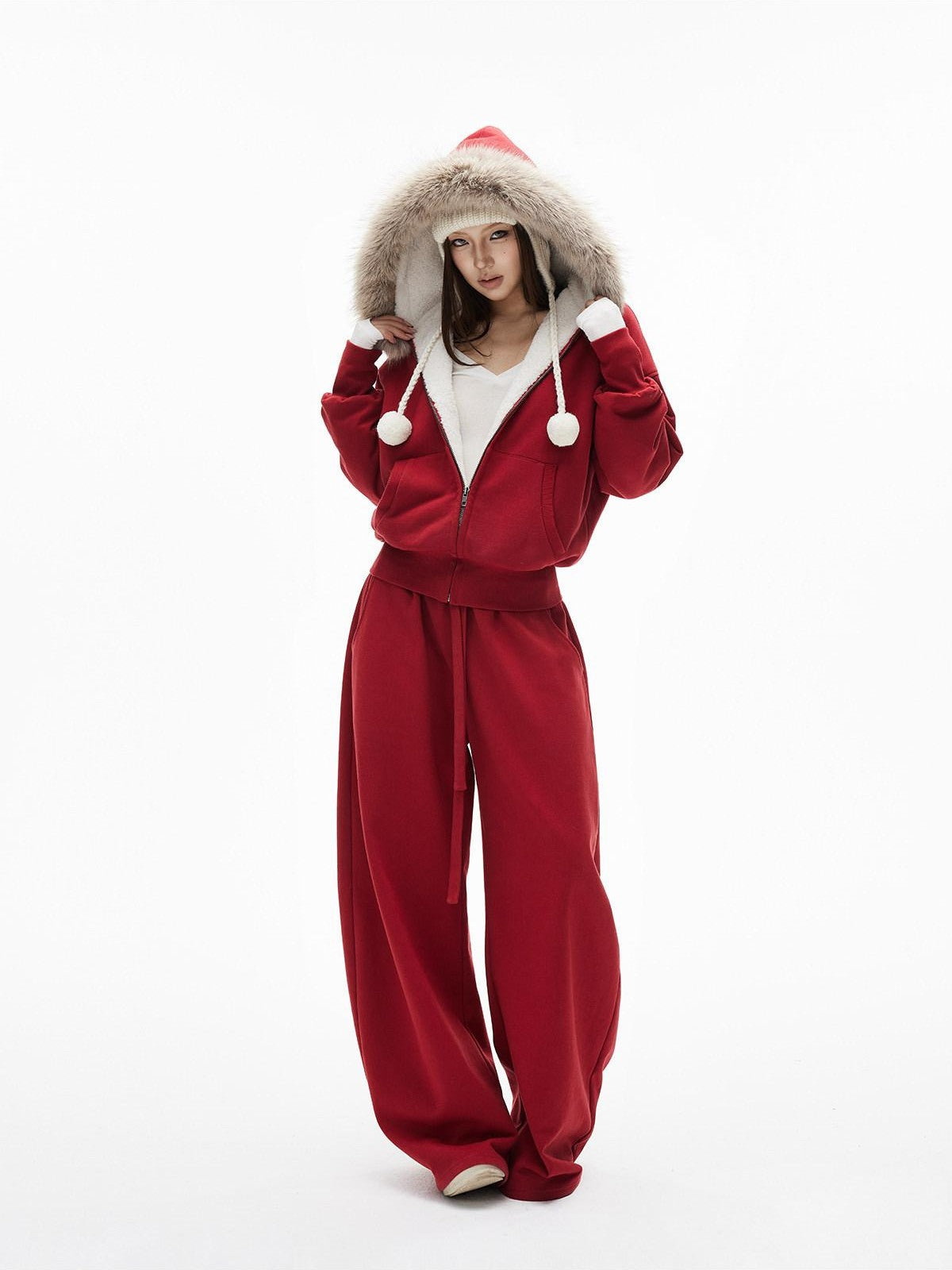 iamxiaa Garment Dyed Lava Red Hooded Eco Fur Fleece Women&