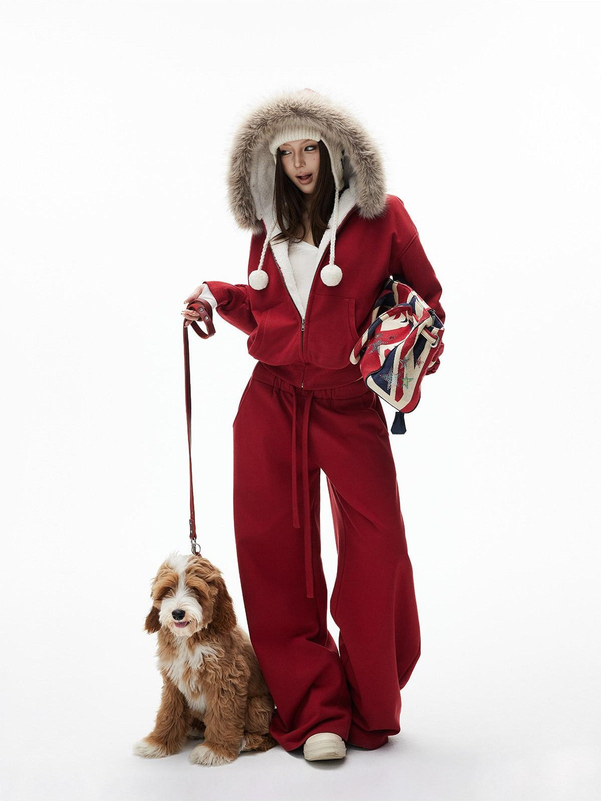 iamxiaa Garment Dyed Lava Red Hooded Eco Fur Fleece Women&