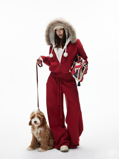 iamxiaa Garment Dyed Lava Red Hooded Eco Fur Fleece Women&