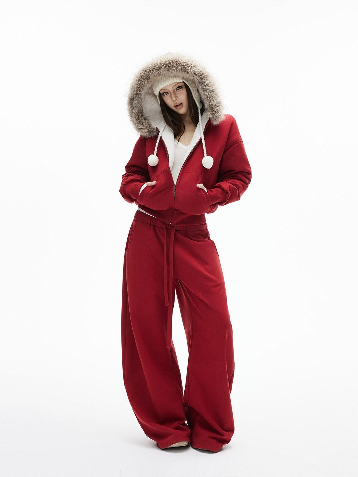 iamxiaa Garment Dyed Lava Red Hooded Eco Fur Fleece Women&