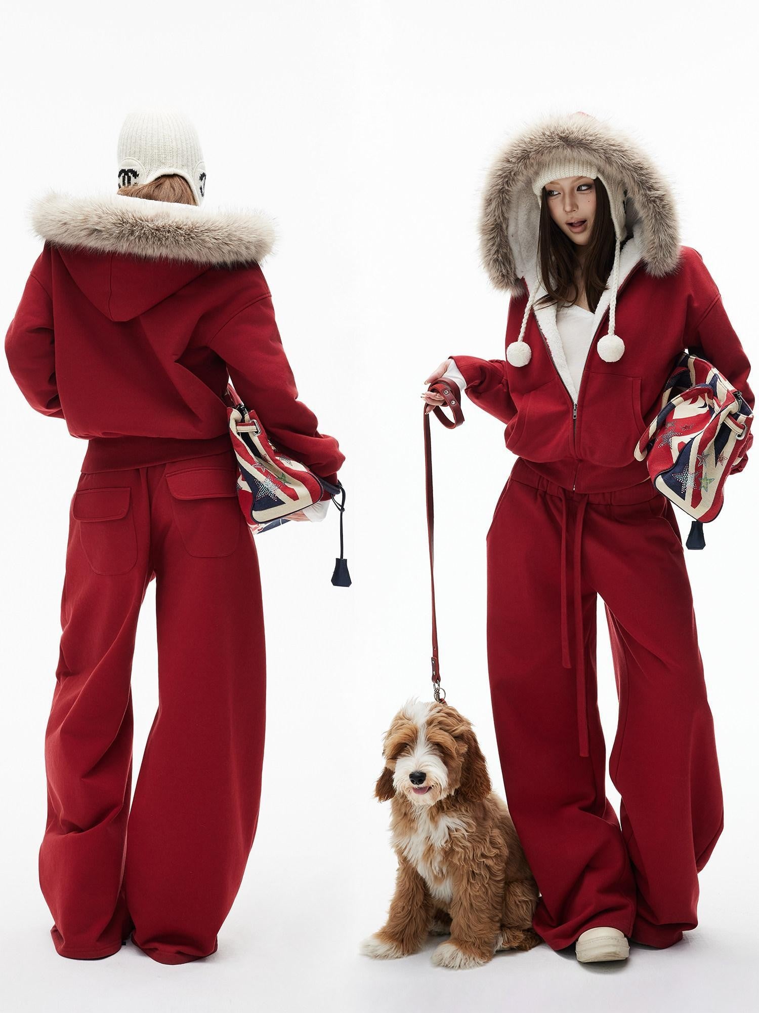 iamxiaa Garment Dyed Lava Red Hooded Eco Fur Fleece Women&