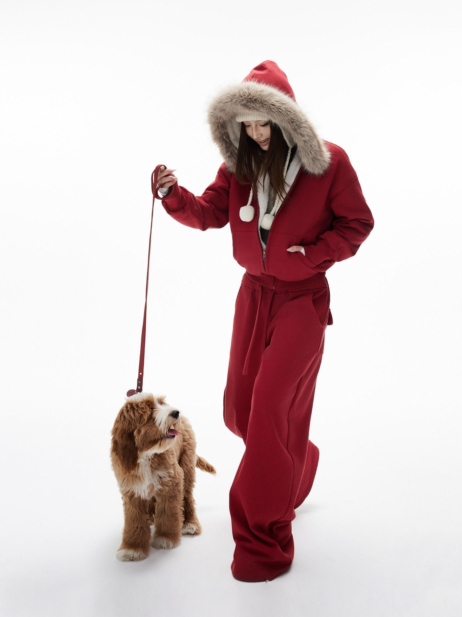 iamxiaa Garment Dyed Lava Red Hooded Eco Fur Fleece Women&