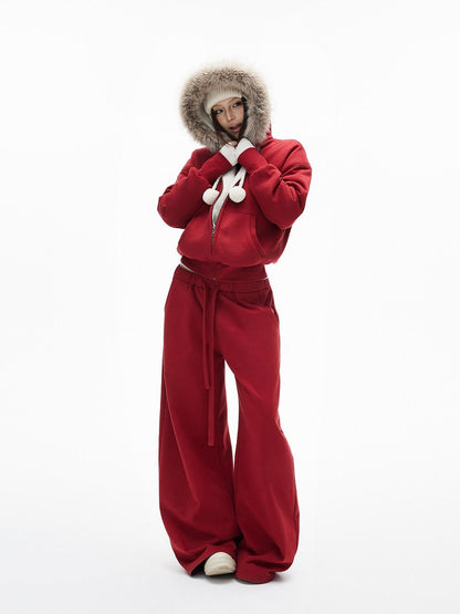 iamxiaa Garment Dyed Lava Red Hooded Eco Fur Fleece Women&