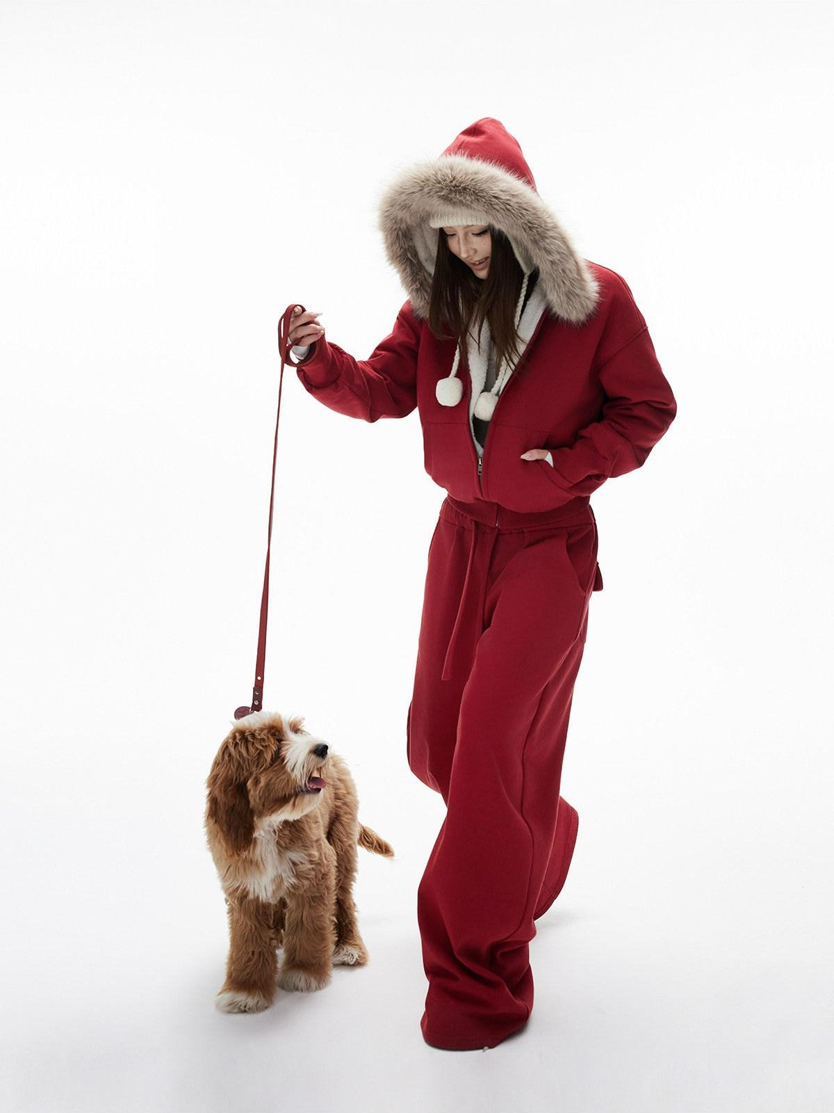 iamxiaa Garment Dyed Lava Red Hooded Eco Fur Fleece Women&