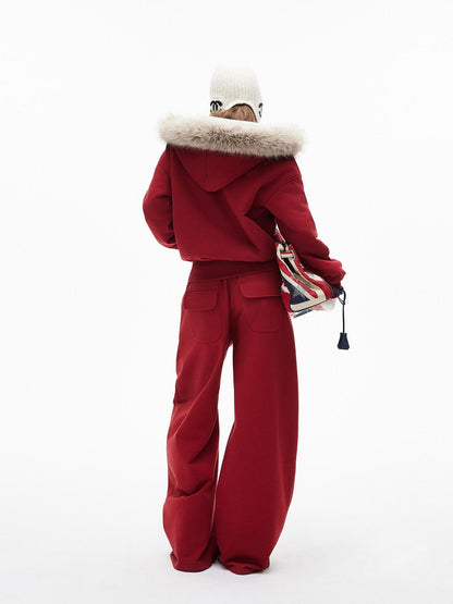 iamxiaa Garment Dyed Lava Red Hooded Eco Fur Fleece Women&