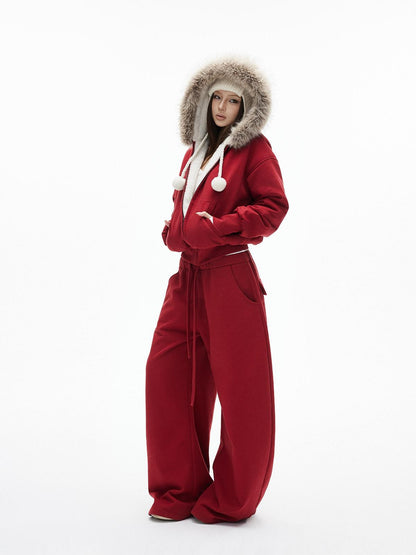 iamxiaa Garment Dyed Lava Red Hooded Eco Fur Fleece Women&