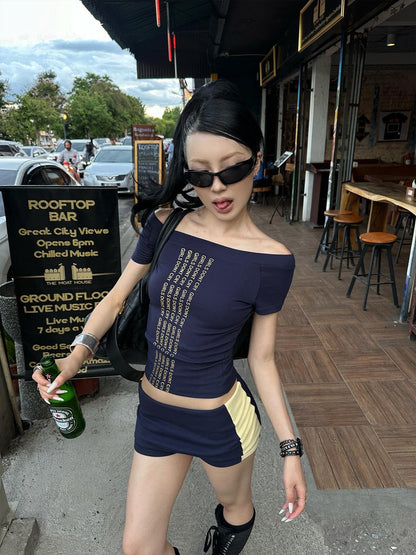 iamxiaa Gold Foil Cropped Bardot Colorblock Large Round Neck Women&