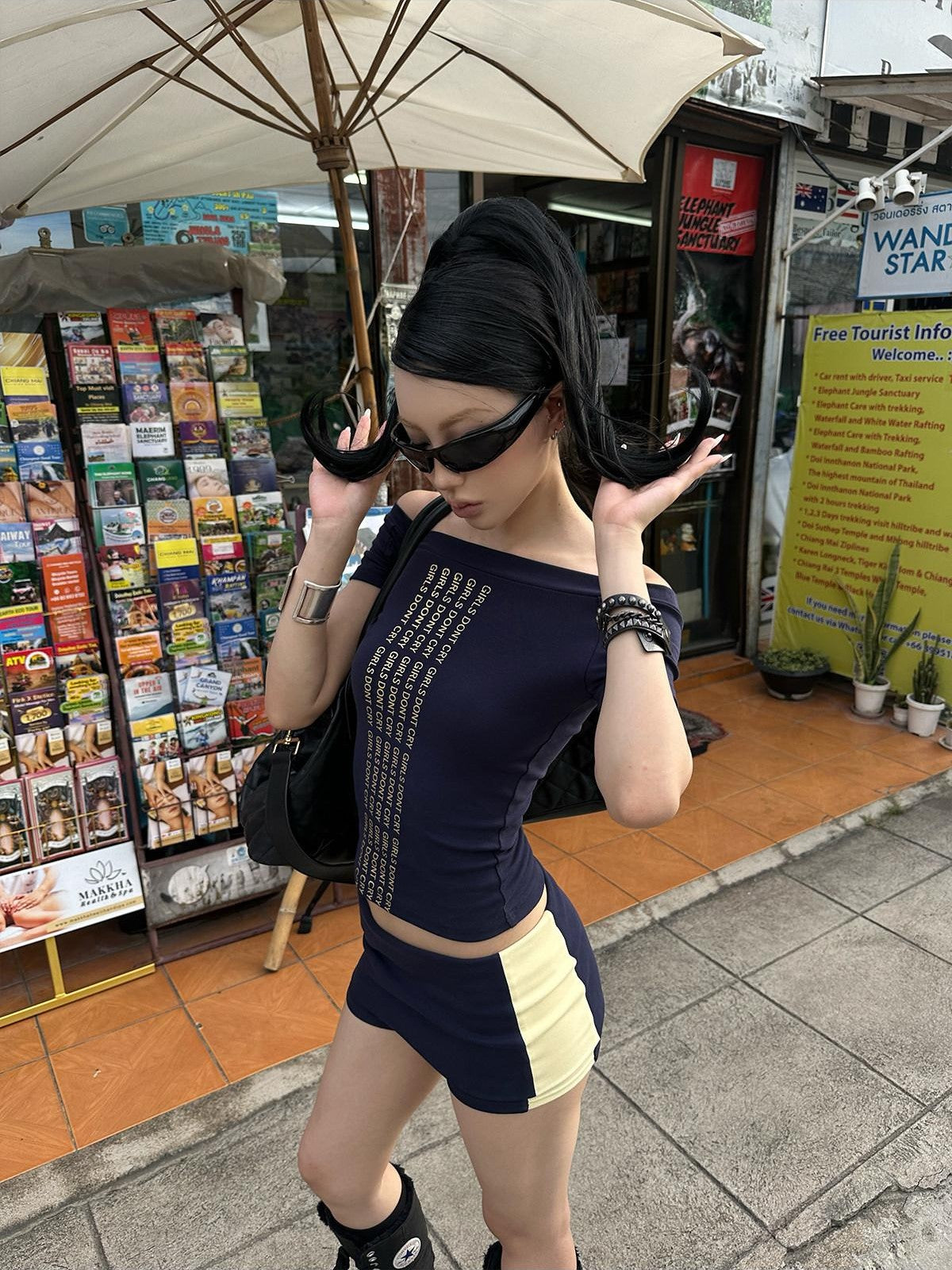 iamxiaa Gold Foil Cropped Bardot Colorblock Large Round Neck Women&
