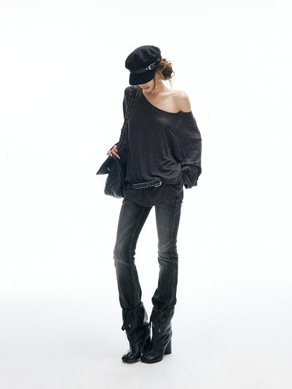 iamxiaa Gradient Lightning Slub Texture Vintage Women&