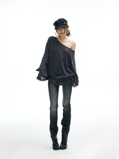 iamxiaa Gradient Lightning Slub Texture Vintage Women&