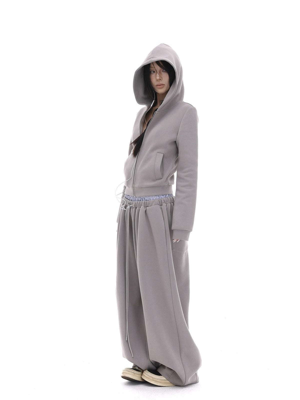 iamxiaa Gray Designer Fitted Cropped Classic Hooded Reversible Women&