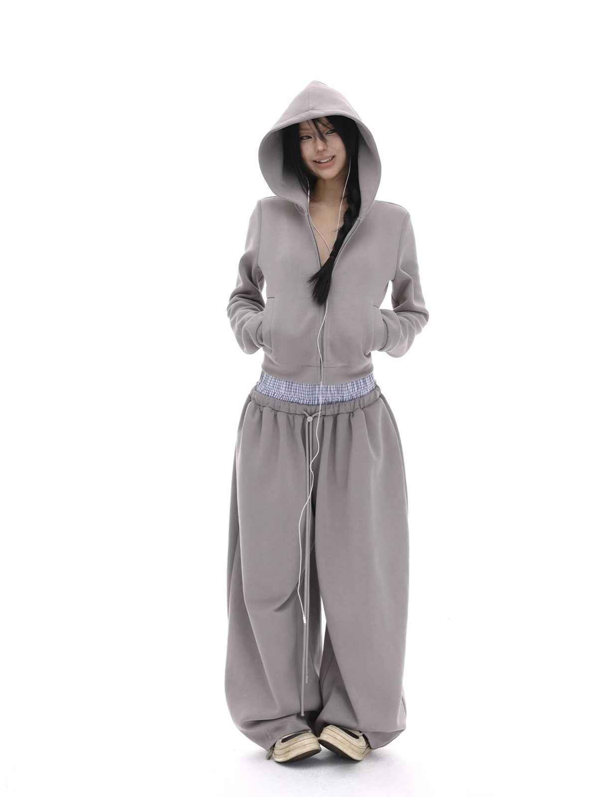 iamxiaa Gray Designer Fitted Cropped Classic Hooded Reversible Women&