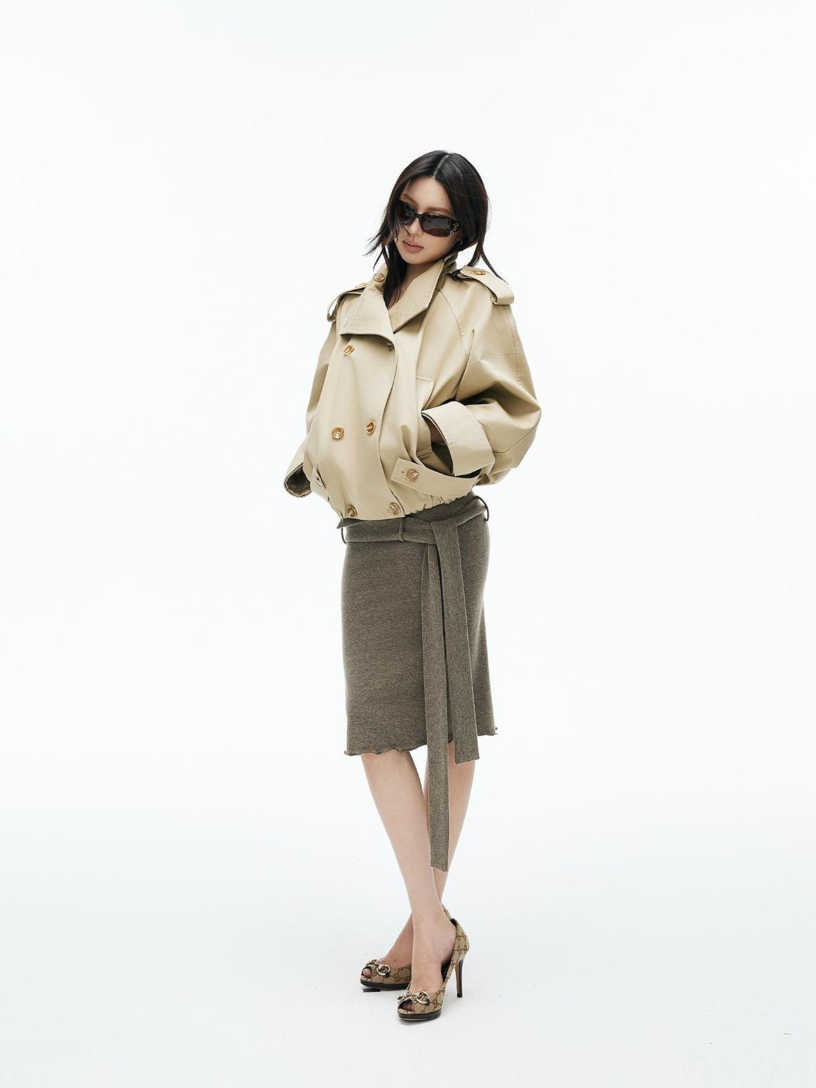 iamxiaa Gray Green Textured Knit High Stretch Fold Over Waist Women&