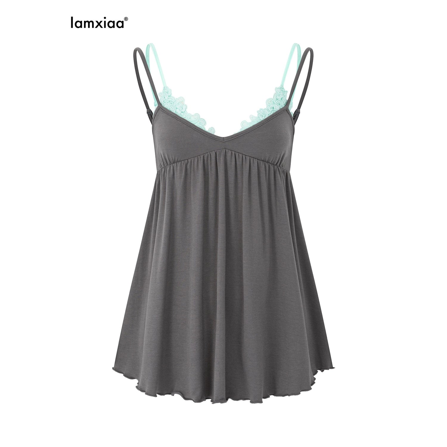 iamxiaa_Gray_Mint_Contrast_V-neck_Lace_Double_Straps_Ruched_Flare_Faux_Women&