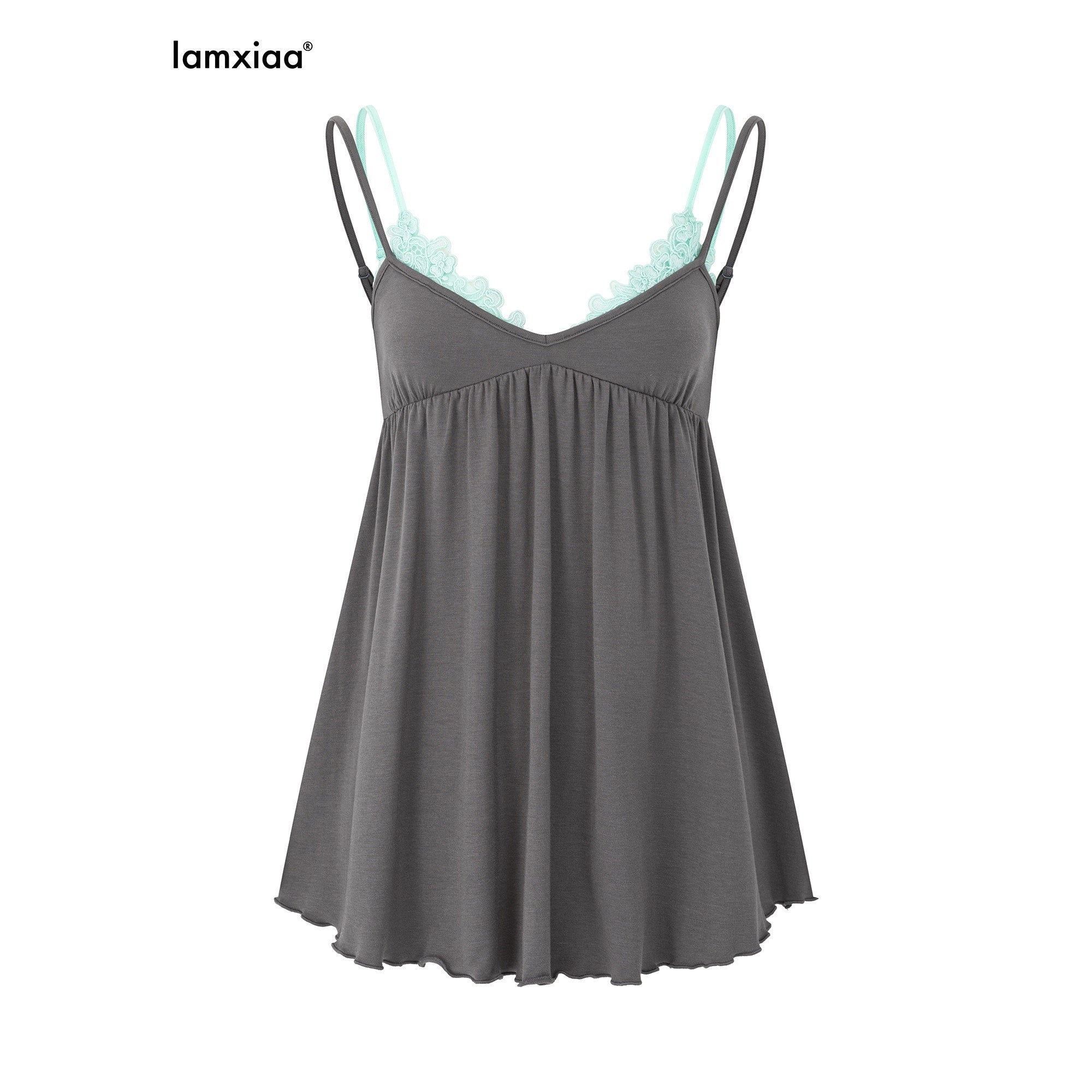 iamxiaa_Gray_Mint_Contrast_V-neck_Lace_Double_Straps_Ruched_Flare_Faux_Women&