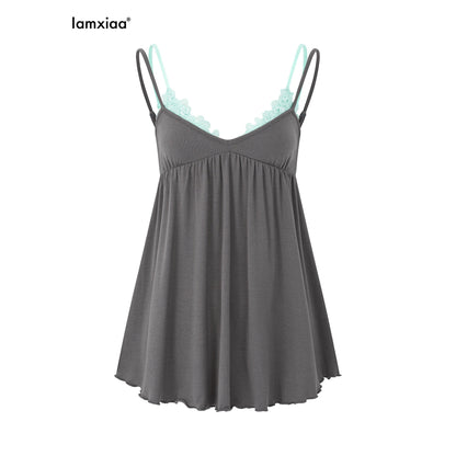iamxiaa_Gray_Mint_Contrast_V-neck_Lace_Double_Straps_Ruched_Flare_Faux_Women&