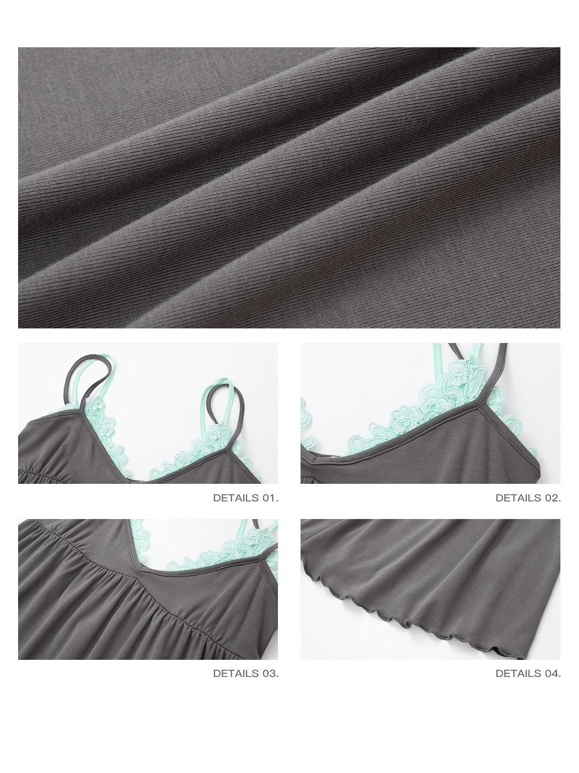 iamxiaa Gray Mint Contrast V-neck Lace Double Straps Ruched Flare Faux Women&