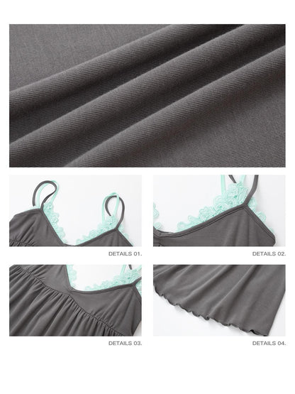 iamxiaa Gray Mint Contrast V-neck Lace Double Straps Ruched Flare Faux Women&
