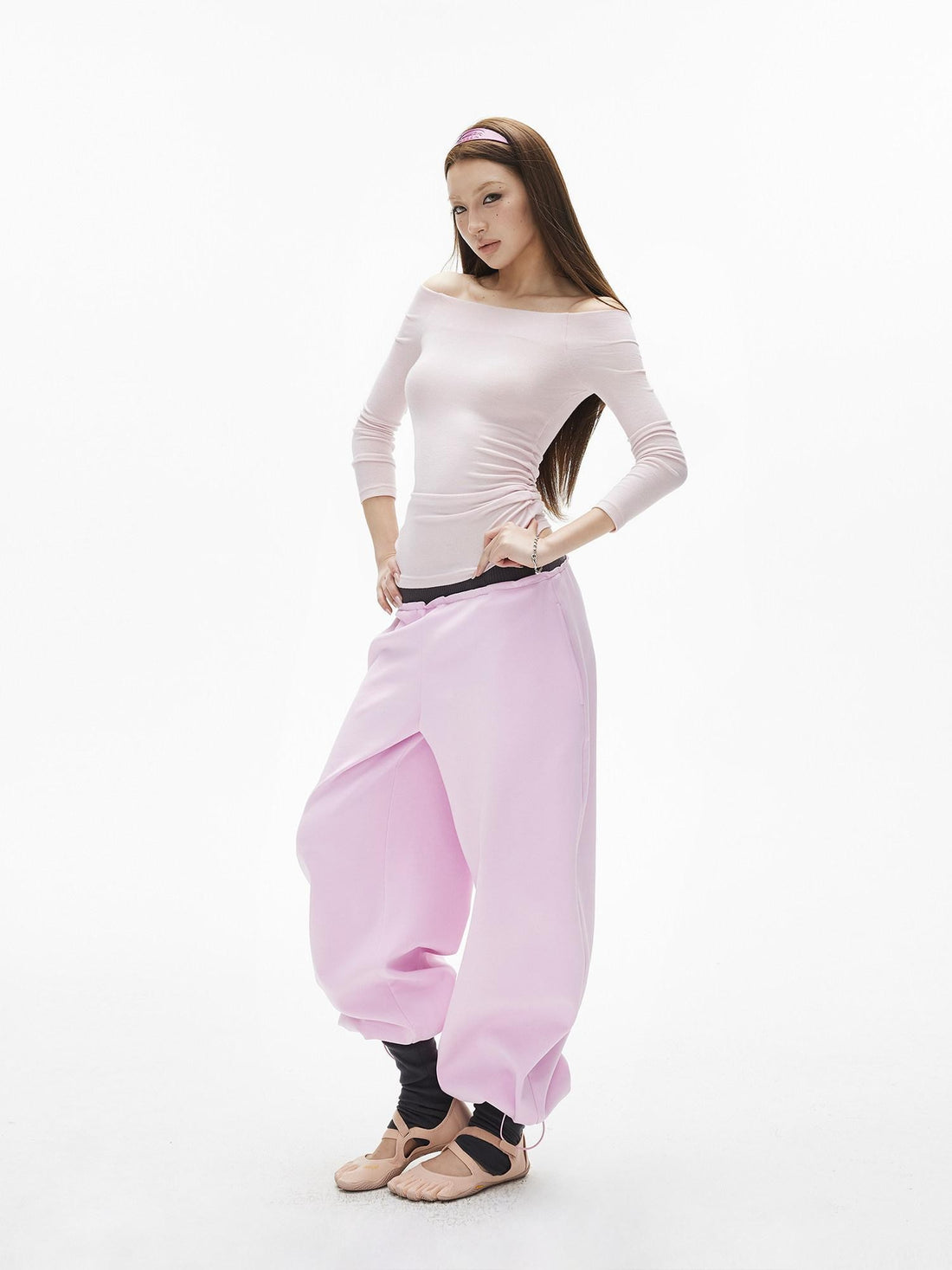 iamxiaa Gray Pink Colorblock Ribbed Low Waist Faux Two Piece Women&