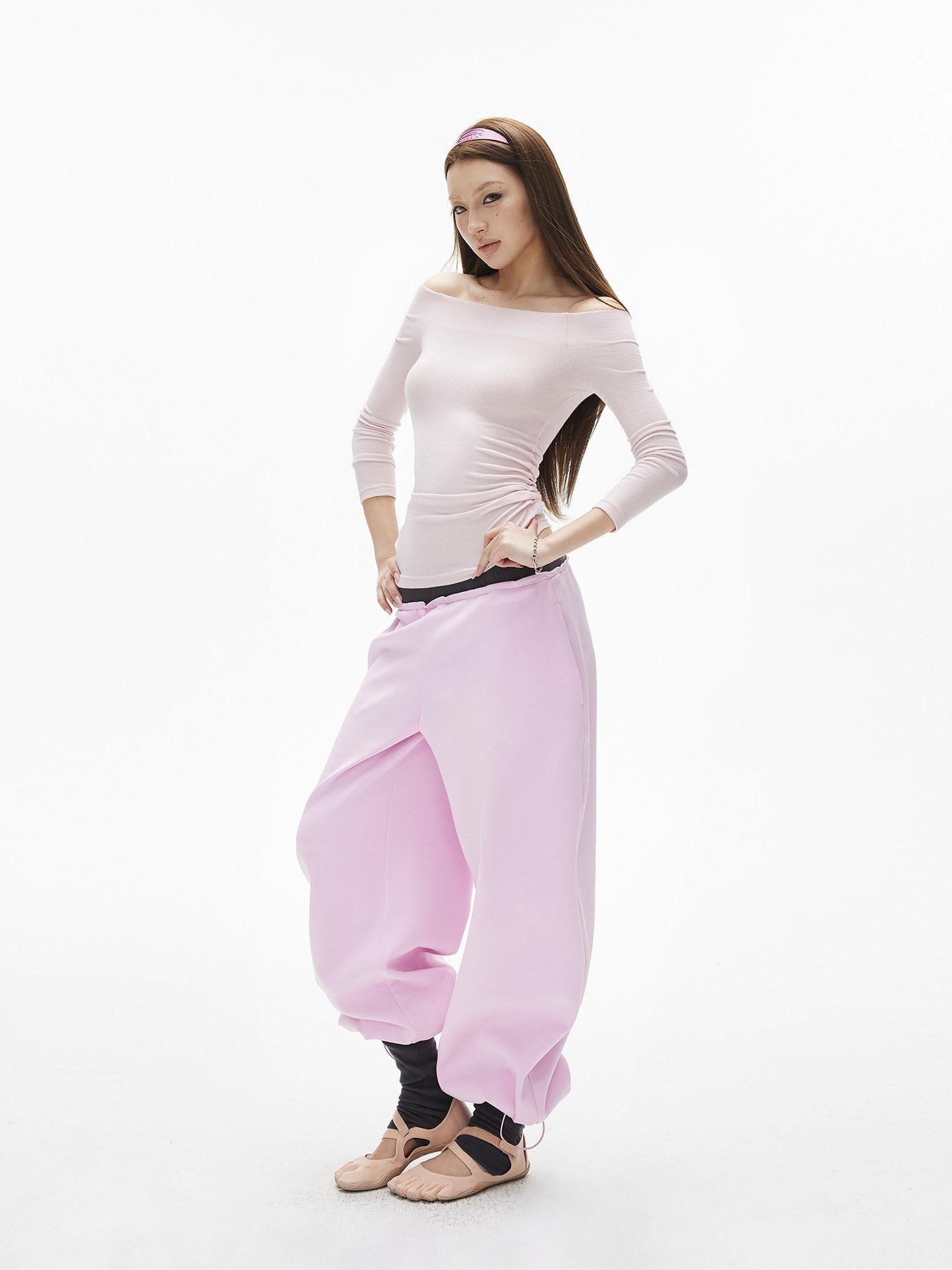 iamxiaa Gray Pink Colorblock Ribbed Low Waist Faux Two Piece Women&