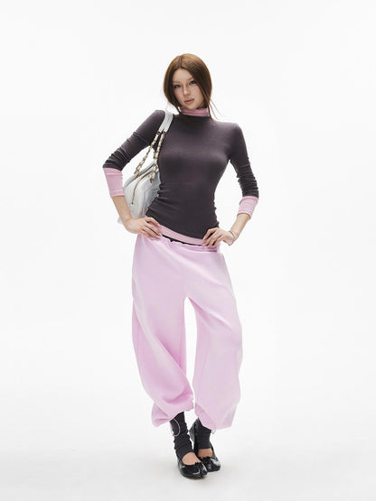 iamxiaa Gray Pink Colorblock Ribbed Low Waist Faux Two Piece Women&