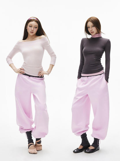 iamxiaa Gray Pink Colorblock Ribbed Low Waist Faux Two Piece Women&