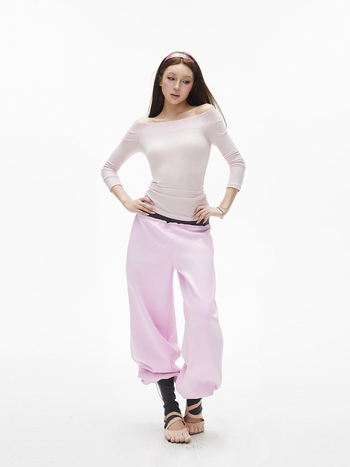 iamxiaa Gray Pink Colorblock Ribbed Low Waist Faux Two Piece Women&