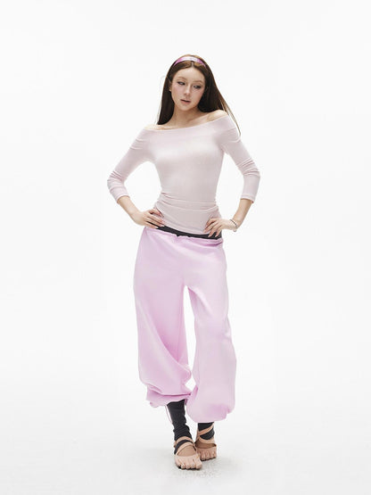 iamxiaa Gray Pink Colorblock Ribbed Low Waist Faux Two Piece Women&