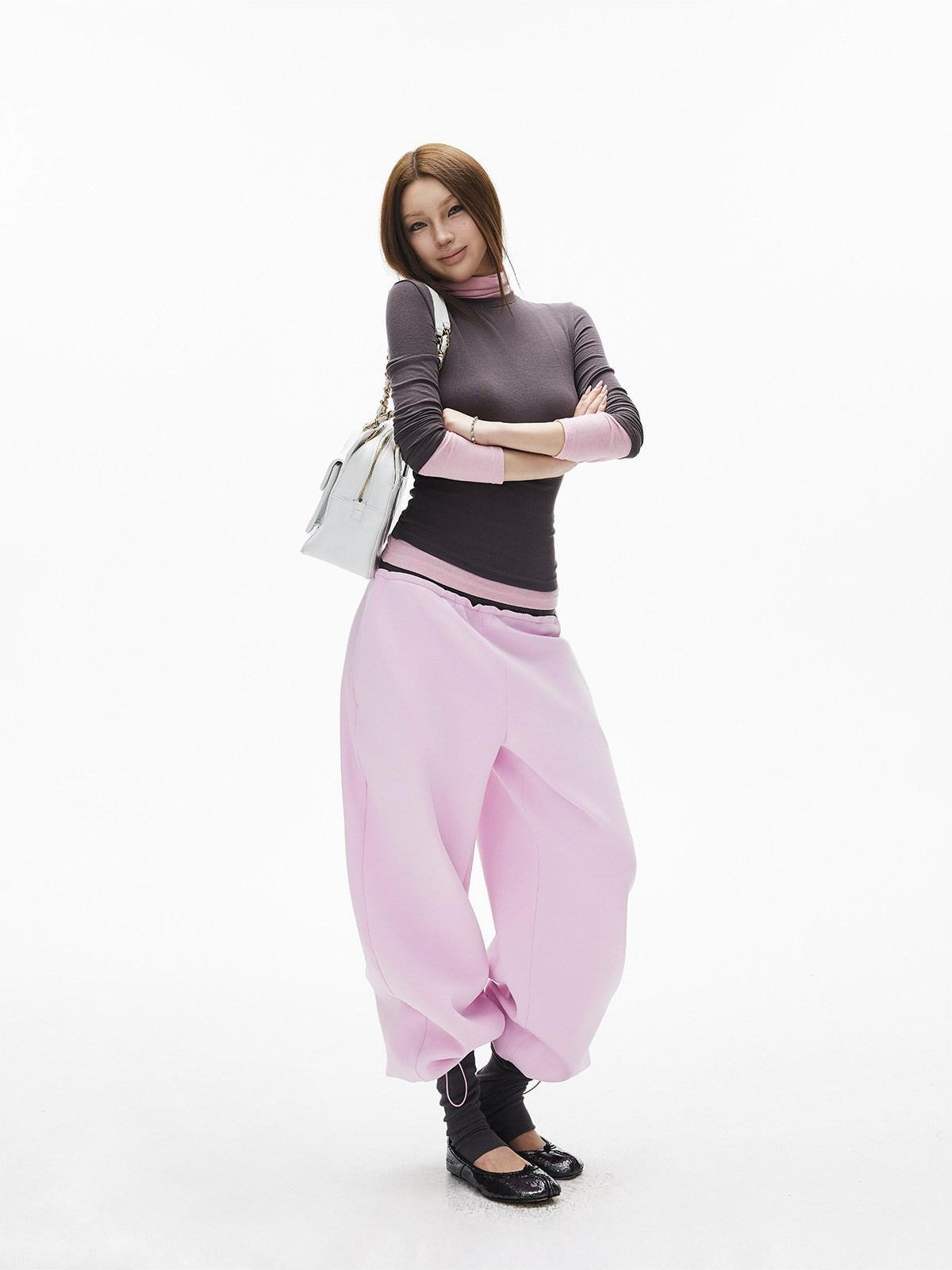 iamxiaa Gray Pink Colorblock Ribbed Low Waist Faux Two Piece Women&