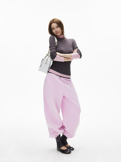 iamxiaa Gray Pink Colorblock Ribbed Low Waist Faux Two Piece Women&