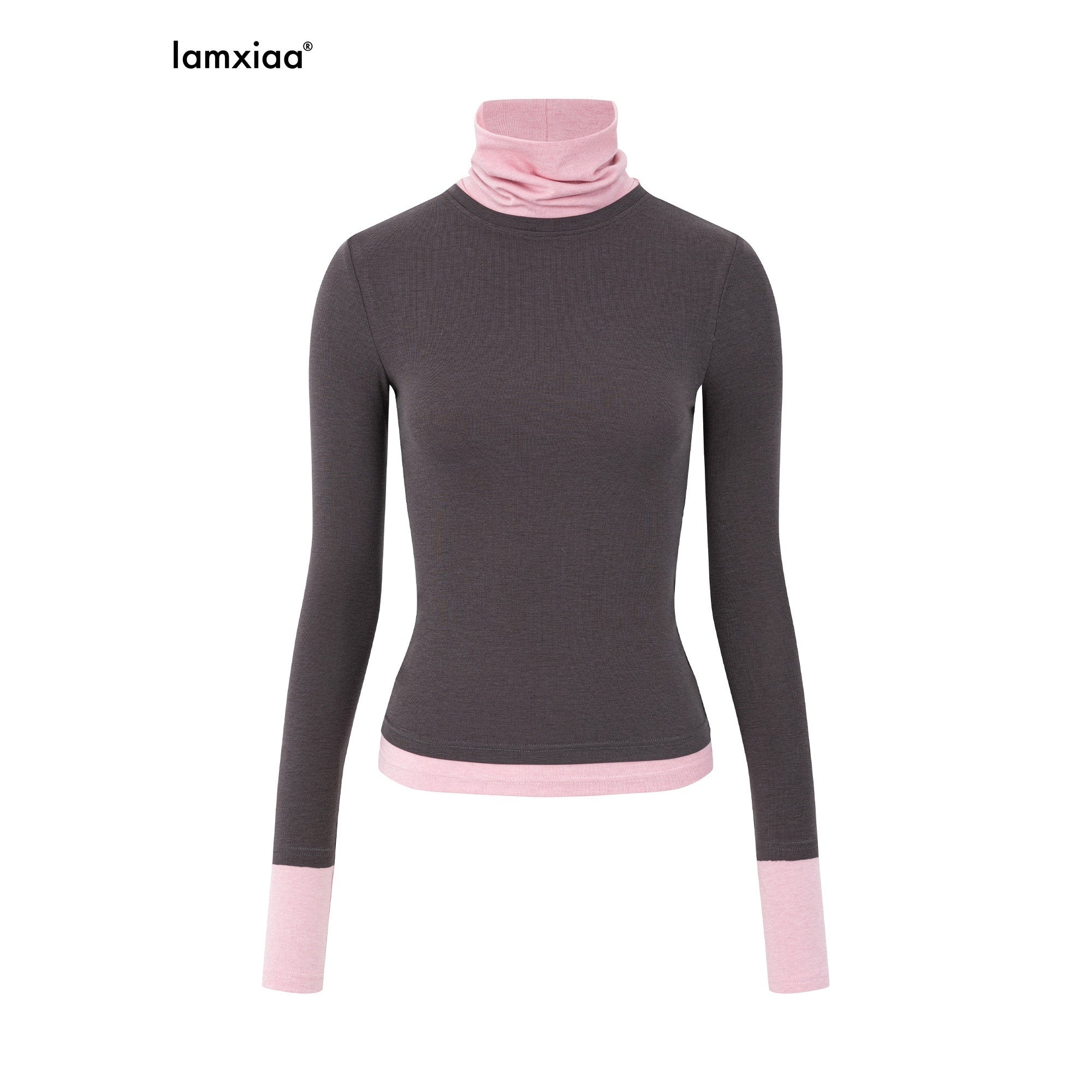 iamxiaa_Gray_Pink_Patch_Offset_Layered_Double_Layer_Collar_Women&