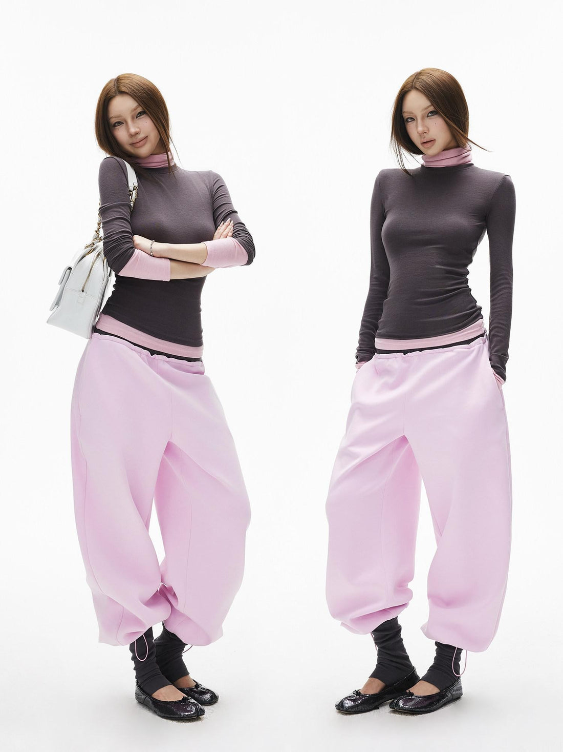iamxiaa Gray Pink Patch Offset Layered Double Layer Collar Women&