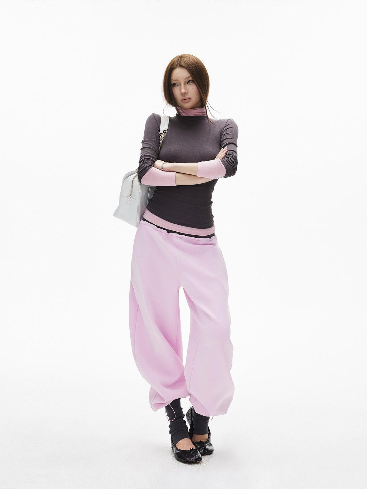 iamxiaa Gray Pink Patch Offset Layered Double Layer Collar Women&