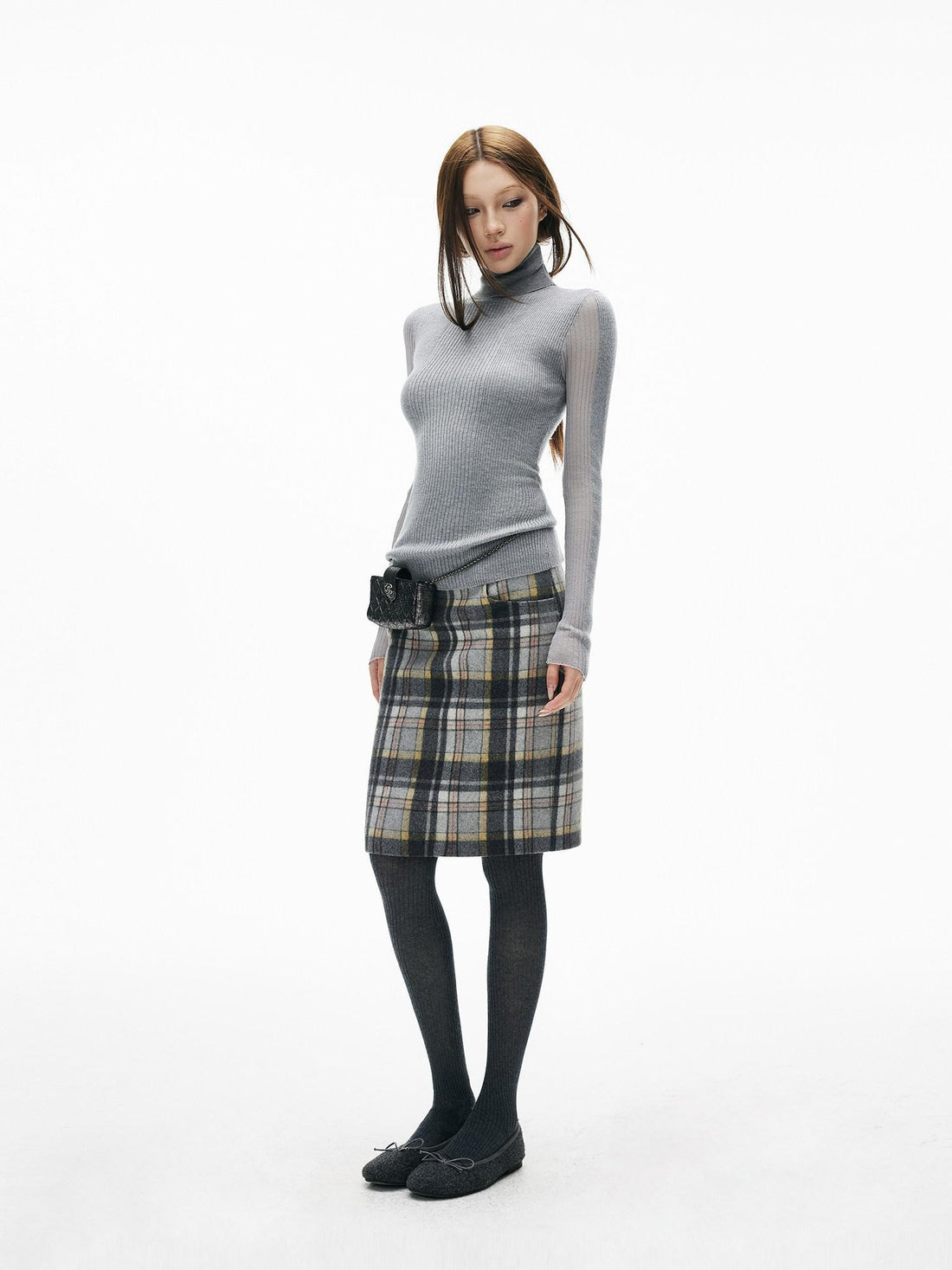 iamxiaa Gray Plaid Leather Waistband Straight Slit Women&
