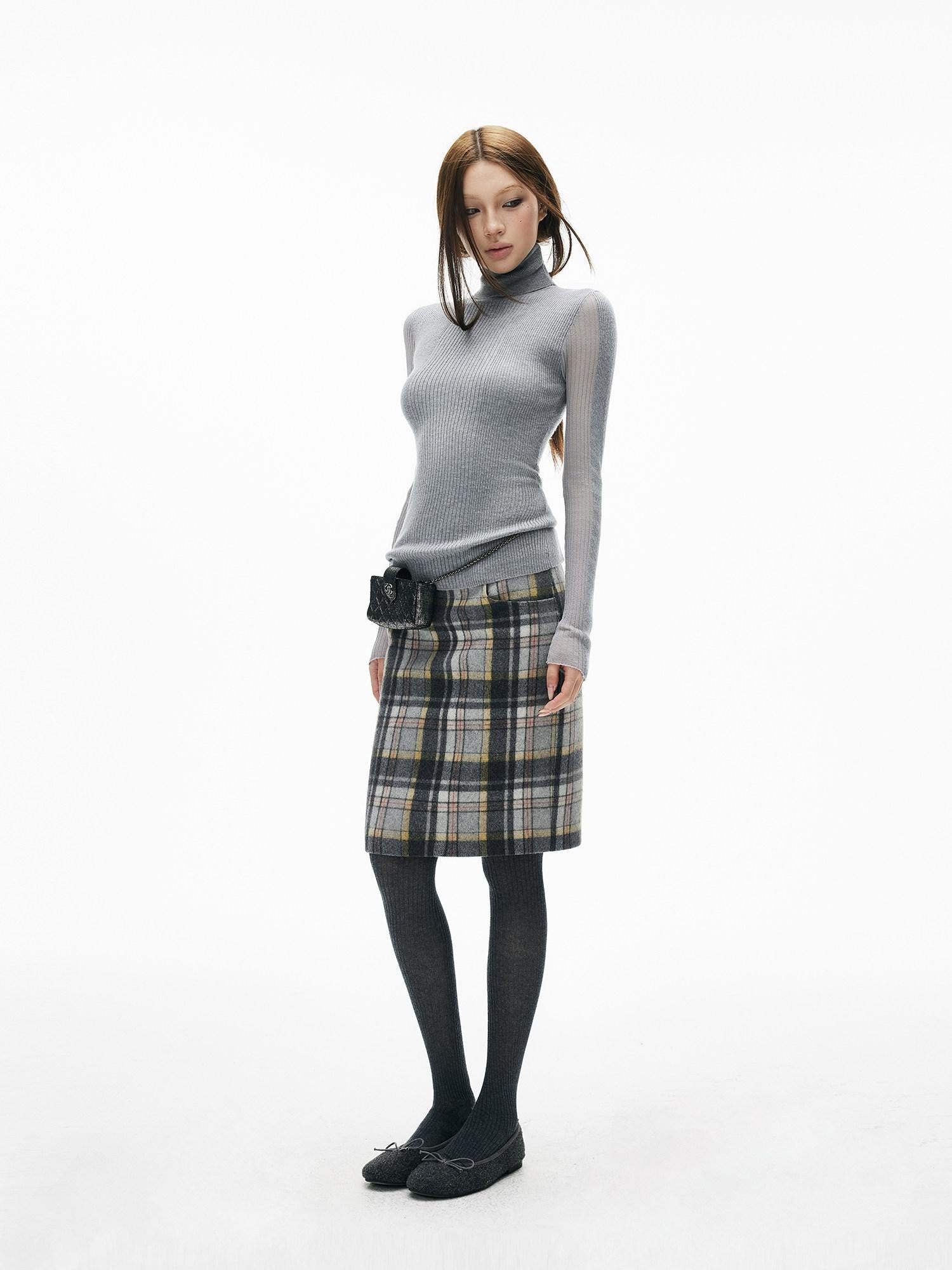 iamxiaa Gray Plaid Leather Waistband Straight Slit Women&