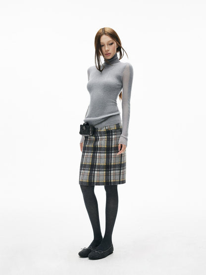 iamxiaa Gray Plaid Leather Waistband Straight Slit Women&
