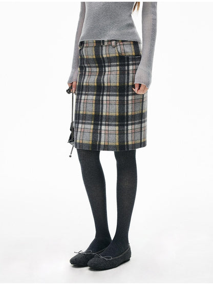 iamxiaa Gray Plaid Leather Waistband Straight Slit Women&