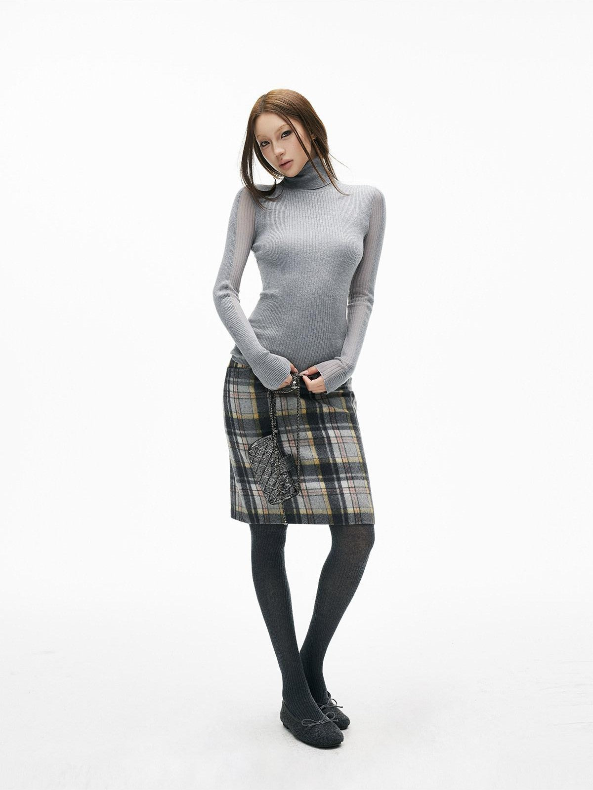 iamxiaa Gray Plaid Leather Waistband Straight Slit Women&