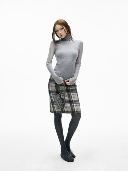 iamxiaa Gray Plaid Leather Waistband Straight Slit Women&