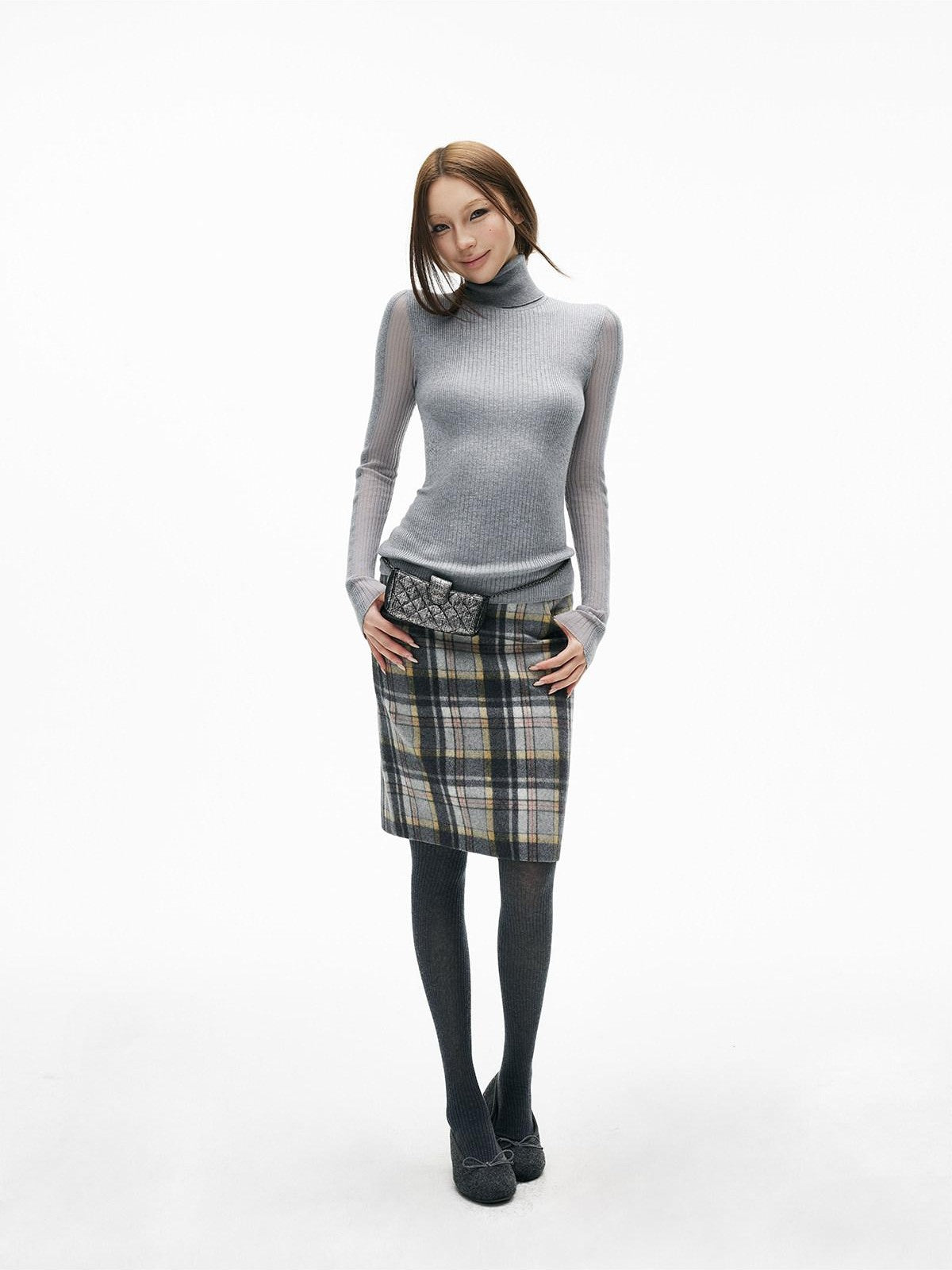 iamxiaa Gray Plaid Leather Waistband Straight Slit Women&