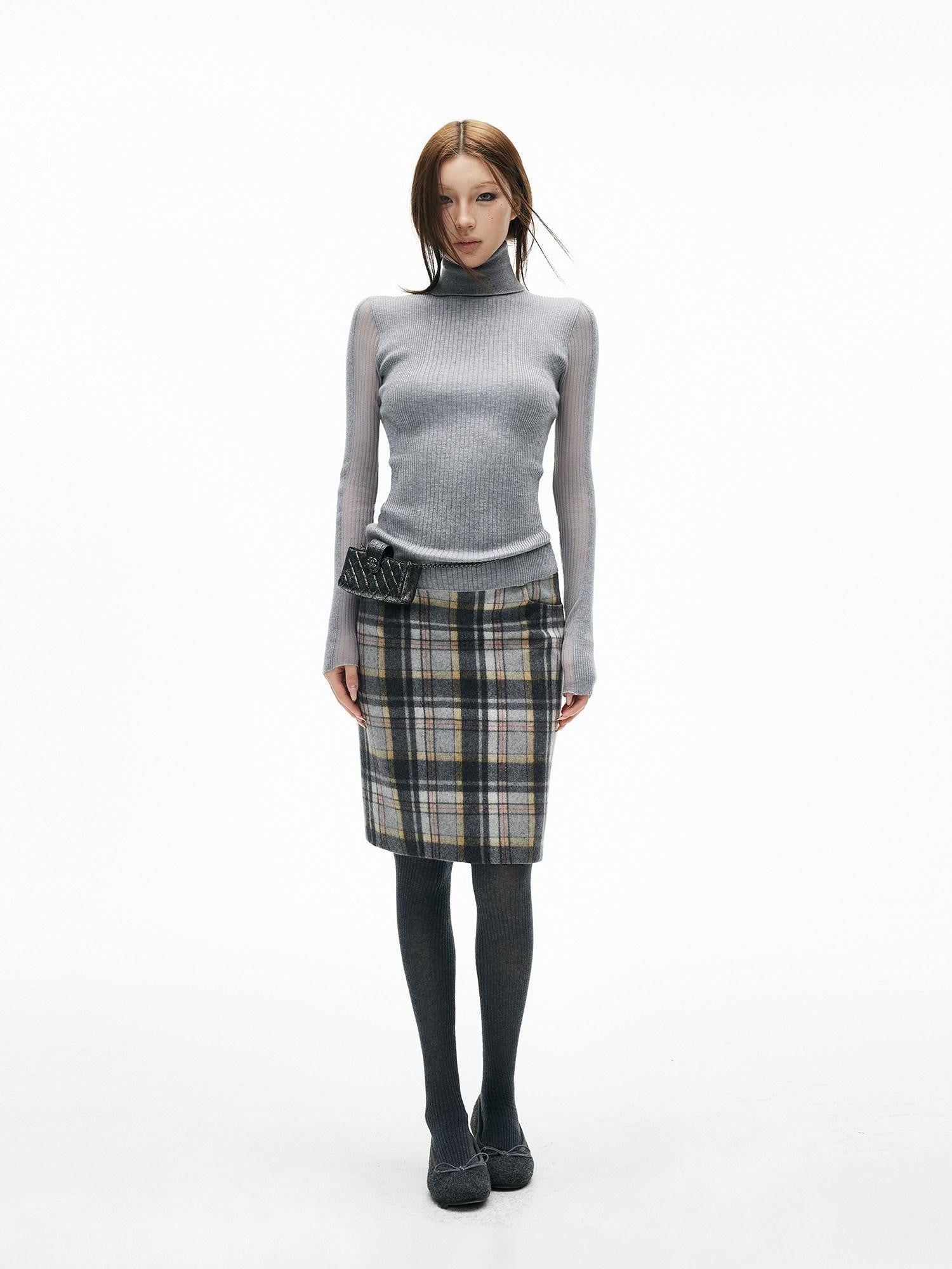 iamxiaa Gray Plaid Leather Waistband Straight Slit Women&