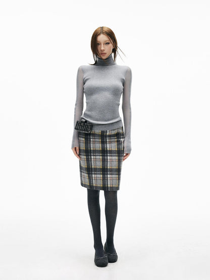 iamxiaa Gray Plaid Leather Waistband Straight Slit Women&