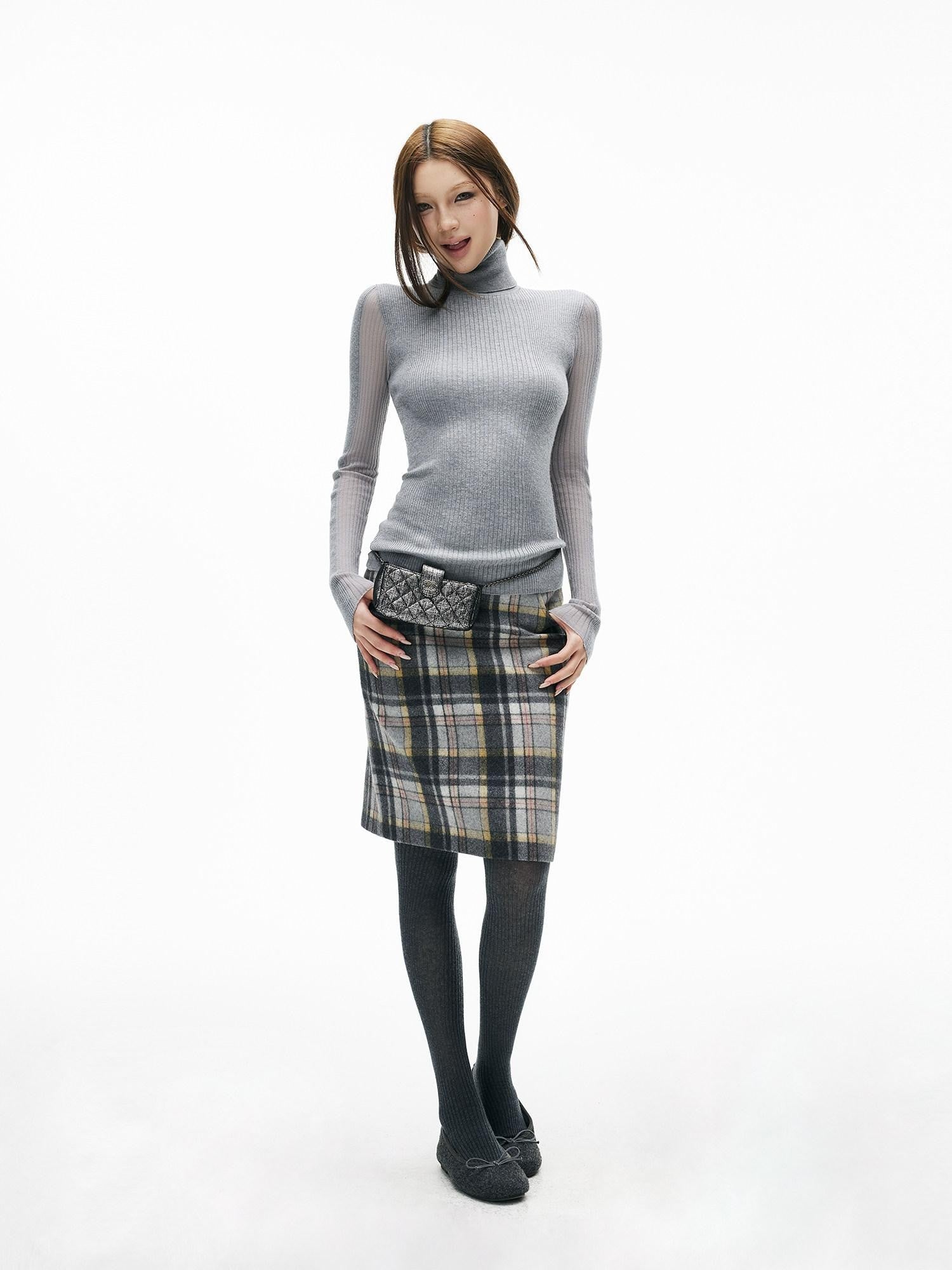 iamxiaa Gray Plaid Leather Waistband Straight Slit Women&