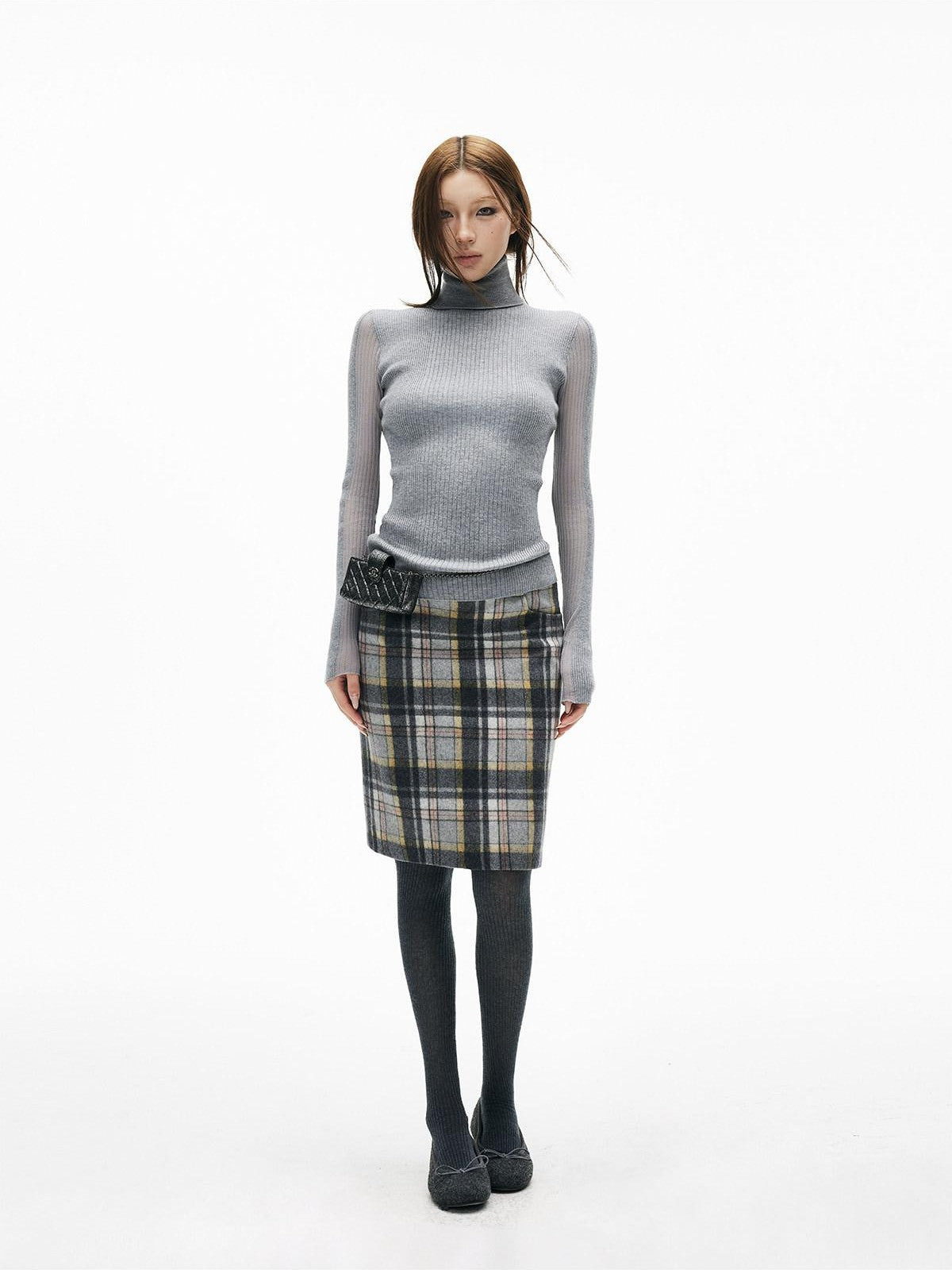 iamxiaa Gray Plaid Leather Waistband Straight Slit Women&