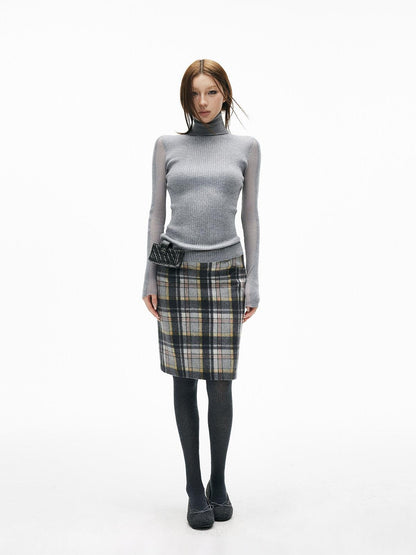iamxiaa Gray Plaid Leather Waistband Straight Slit Women&