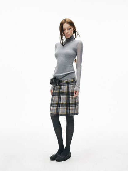 iamxiaa Gray Plaid Leather Waistband Straight Slit Women&