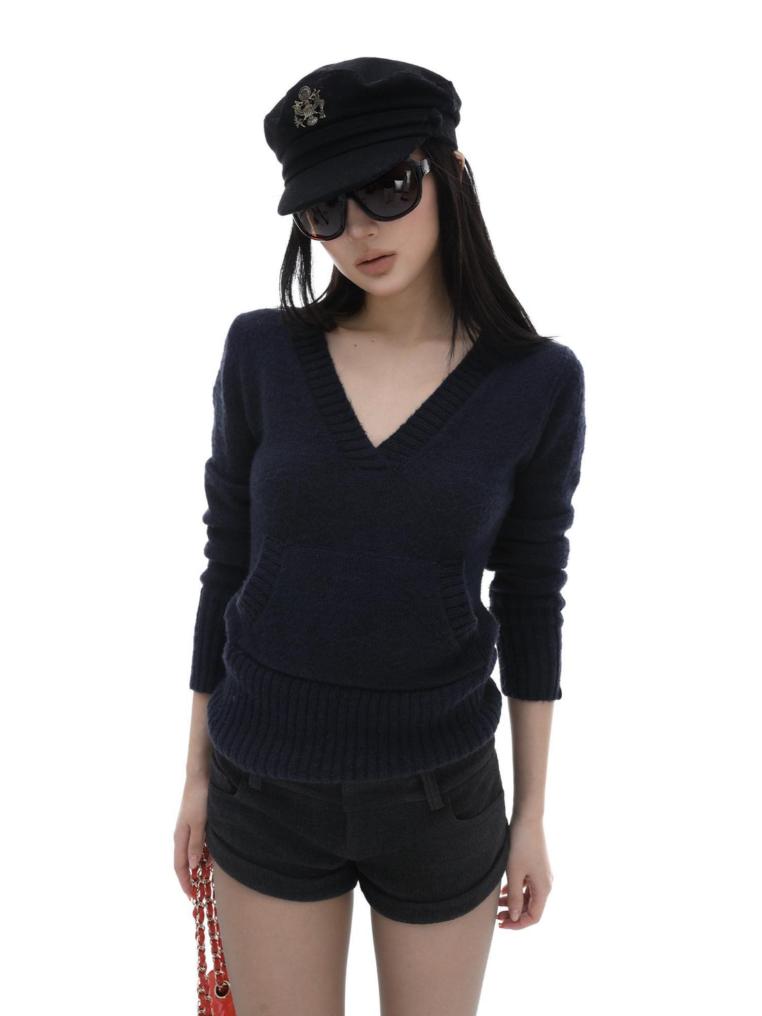 iamxiaa Gray Ribbed V-neck Chunky Knit Plush Women&